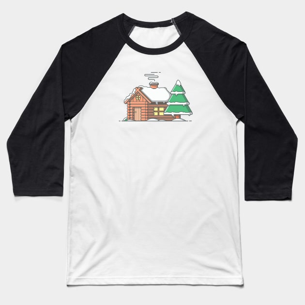 Snow cabin in winter cartoon Baseball T-Shirt by Catalyst Labs